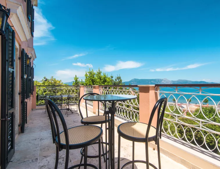 The view to the Ionian Sea adds a touch of Greek serenity to the villa’s timeless luxury for endless play or relaxation.